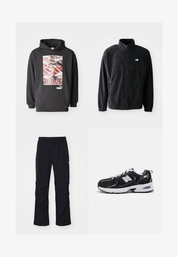 Schwarze Fleecejacke mit Reißverschluss vorne, hohem Kragen, zwei seitlichen Taschen und elastischen Bündchen. New Balance-Logo in Weiß auf der oberen linken Seite.; Schwarzer Kapuzenpullover mit einem grafischen Druck, der rot-weißen Text und Muster zeigt; weicher Stoff, gerippte Bündchen und Saum.; Schwarze Cargo-Hosen aus leichtem Material, mit einem Elastikbund, seitlichen Taschen und einem geraden Beinschnitt.; Schwarze und graue Sportschuhe mit Obermaterial aus Mesh und Wildleder, ausgestattet mit einer weißen Zwischensohle, Schnürsenkeln und einem markanten "N"-Logo an der Seite.