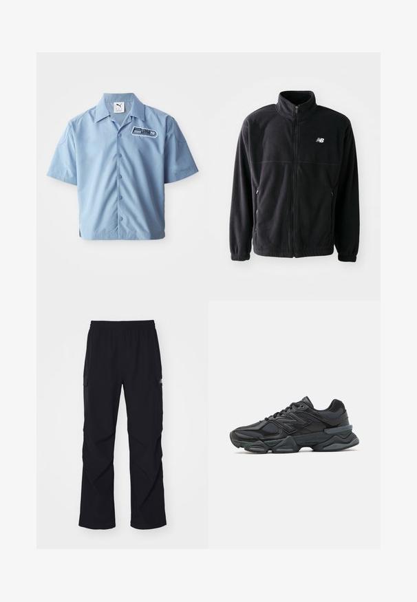 Giacca in pile nera con zip frontale, colletto alto, due tasche laterali e polsini elasticizzati. Logo New Balance in bianco sul lato sinistro superiore.; Camicetta blu chiaro a maniche corte con bottoni, realizzata in un tessuto liscio. Presenta un logo Puma nero e bianco sul lato sinistro del petto. Design con colletto classico.; Pantaloni cargo neri realizzati in materiale leggero, con vita elastica, tasche laterali e design a gamba dritta.; Scarpa da corsa nera con una combinazione di materiali in rete e sintetici, suola spessa, design curvo e marchio ben visibile sul lato.