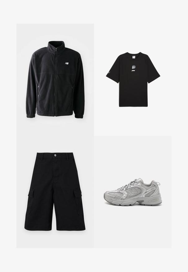 Černá fleecová bunda se zipem vpředu, vysokým límcem, dvěma bočními kapsami a elastickými manžetami. Logo New Balance v bílé barvě na horní levé straně.; Černé krátké tričko z bavlny s grafickým potiskem závodní helmy a loga na přední straně a malým logem na rukávu.; Černé cargo šortky vyrobené z odolné látky. Obsahují dvě boční kapsy, zip a jednoduchý pas s kovovým knoflíkem.; Stříbrná sportovní obuv s elegantním designem, síťovinovými panely, polstrovaným jazykem, texturovaným syntetickým svrškem a gumovou podrážkou pro ochranu proti skluzu.