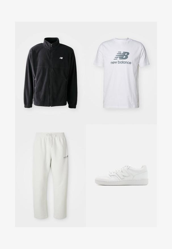 Black fleece jacket with a zip front, high collar, two side pockets, and elastic cuffs. New Balance logo in white on the upper left side.; White cotton t-shirt featuring a gray "NB" logo and "new balance" text, short sleeves, classic crew neck design, smooth texture.; Light grey sweatpants made of soft fabric, featuring an elastic waistband with drawstring and a small logo detail on the left thigh.; White sneaker made of smooth leather, featuring perforated toe, a textured rubber sole, flat laces, and a prominent 'N' logo on the side.