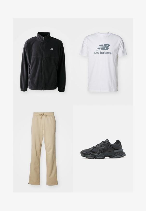 Čierna fleecová bunda so zipsom vpredu, vysokým golierom, s dvoma bočnými vreckami a elastickými rukávmi. Logo New Balance v bielej farbe na hornej ľavej strane.; Biela bavlnená tričko s šedým logom "NB" a textom "new balance", krátke rukávy, klasický dizajn okrúhleho výstrihu, hladká textúra.; Béžové tepláky z mäkkej tkaniny, s elastickým pásom so šnúrkou, so širokými nohavicami a šikmými švami pre tvar. Malá logová aplikácia na boku.; Čierna bežecká obuv so zmesou sieťoviny a syntetických materiálov, robustnou podrážkou, zakriveným dizajnom a výrazným logom na boku.