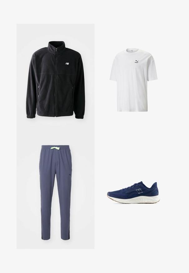 Chaqueta de forro polar negra con cremallera frontal, cuello alto, dos bolsillos laterales y puños elásticos. Logo de New Balance en blanco en la parte superior izquierda.; Camiseta blanca de algodón con cuello redondo y mangas cortas. Presenta un pequeño logo negro de Puma en el lado izquierdo del pecho. Textura suave, corte casual.; Pantalones de chándal navy fabricados con material suave, que cuentan con una cintura elástica con un cordón verde claro y acentos negros en los laterales.; Zapatilla de running de la marina con parte superior de malla texturizada, media suela blanca y suela exterior marrón claro. Presenta un diseño minimalista y un discreto detalle de logo.