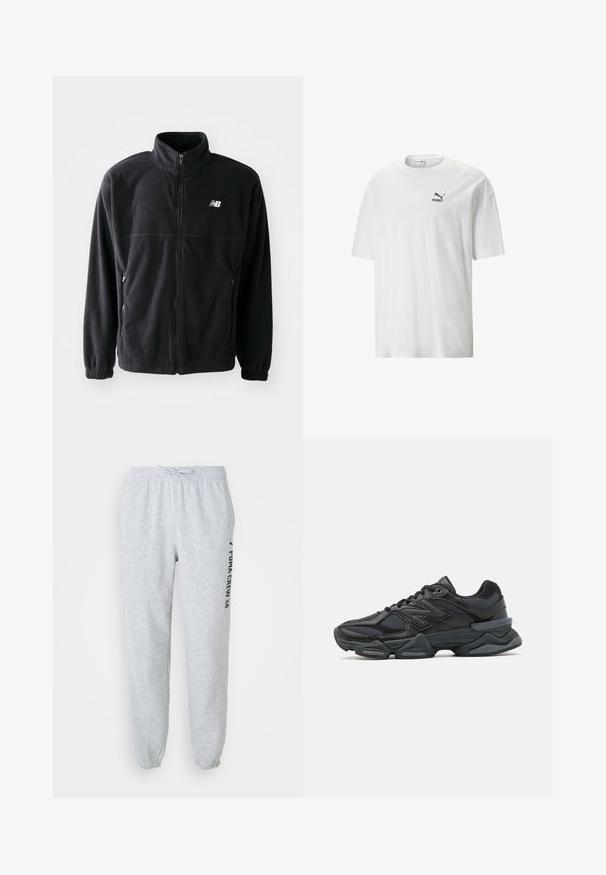 Black fleece jacket with a zip front, high collar, two side pockets, and elastic cuffs. New Balance logo in white on the upper left side.; White cotton T-shirt with a round neckline and short sleeves. Features a small black Puma logo on the left chest. Smooth texture, casual fit.; Gray sweatpants with elastic waistband, drawstring, and tapered ankles. Features a side logo print in black. Soft cotton material.; Black running shoe featuring a mix of mesh and synthetic materials, chunky sole, curved design, and prominent branding on the side.