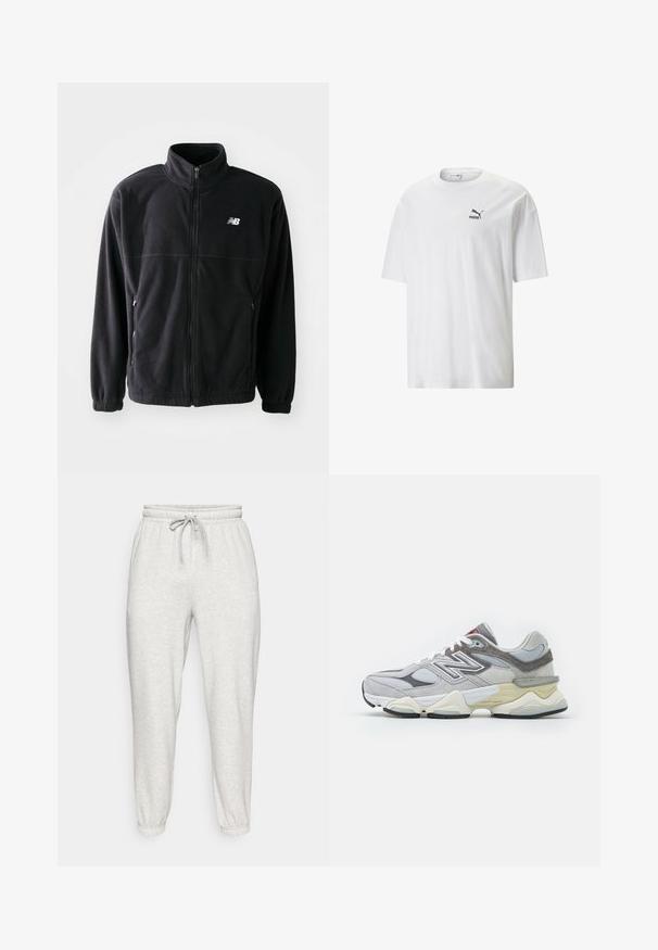 Svart fleecejacka med dragkedja fram, hög krage, två sidofickor och elastiska ärmslut. New Balance-logotyp i vitt på övre vänstra sidan.; Vit bomullströja med rund halsringning och korta ärmar. Har en liten svart Puma-logotyp på vänster bröst. Slät textur, avslappnad passform.; Ljusgrå sweatpants med elastisk midja, dragsko och avsmalnande ärmar. Tillverkade av mjukt, strukturerat tyg. Inga synliga mönster.; Grå mocka- och meshsneaker med en tjock vit och beige sula, med en framträdande vit logotyp och röda detaljer.