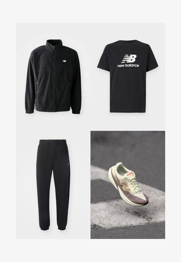 Veste en polaire noire avec fermeture éclair à l'avant, col haut, deux poches latérales et poignets élastiques. Logo New Balance en blanc sur le côté supérieur gauche.; T-shirt en coton noir avec un logo New Balance et un design graphique blancs sur le devant. Manches courtes et col rond.; Pantalon de sweat noir en matière douce, avec une taille élastique, un cordon de serrage et des poignets fuselés, arborant un logo discret sur le côté.; Chaussure de sport légère avec un dessus crème et des accents marron, présentant une surface texturée, des lacets et un logo bien visible sur le côté.