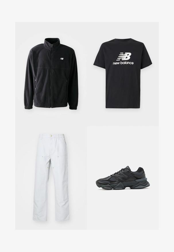 Veste en polaire noire avec fermeture éclair à l'avant, col haut, deux poches latérales et poignets élastiques. Logo New Balance en blanc sur le côté supérieur gauche.; T-shirt en coton noir avec un logo New Balance et un design graphique blancs sur le devant. Manches courtes et col rond.; Pantalons larges gris clair en tissu mélangé de coton. Présente deux poches avant, des coutures visibles et des accents de boutons dorés.; Chaussure de course noire mettant en avant un mélange de mesh et de matériaux synthétiques, avec une semelle épaisse, un design arrondi et un logo bien visible sur le côté.