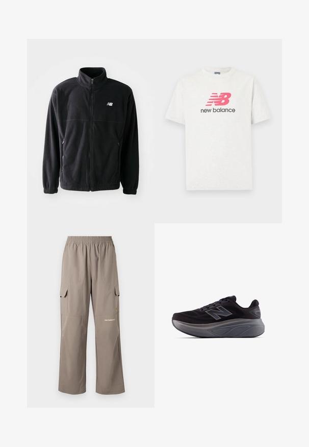 Črna flis jakna z zadrgo spredaj, visokim ovratnikom, dvema stranskima žepoma in elastičnimi manšetami. Logo New Balance v belem na zgornji levi strani.; Bela majica s kratkimi rokavi iz bombaža, ki ima izstopajoč rožnat logotip "NB" z rdečimi črtami in črnim napisom "new balance" pod njim.; Cargo hlače iz lahkega materiala, v taupe barvi, z elastičnim pasom, stranskimi žepi in subtilnim logotipom blagovne znamke.; Črne športne čevlje z teksturiranim zgornjim delom, ojačano peto in debelim sivim podplatom. Imajo izrazit logotip "N".