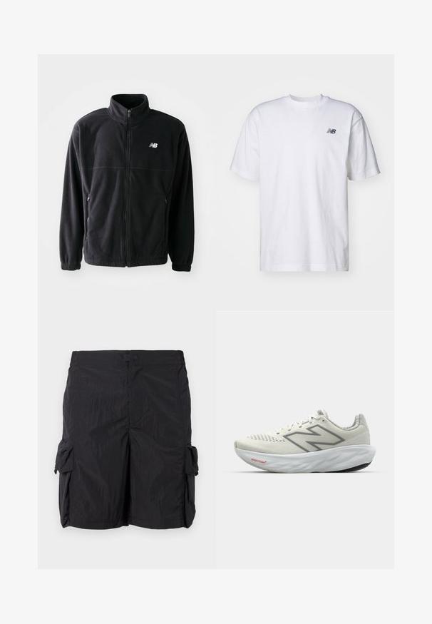 Mustat fleece-takit, jossa on vetoketjuedessä, korkea kaulus, kaksi sivutaskua ja joustavat hihansuut. Uuden Balance -logo valkoisena vasemmalla ylhäällä.; Valkoinen lyhythihainen crew neck -t-paita, jossa vasemmassa rinnassa pieni musta New Balance -logo, taustalla yksinkertainen tausta.; Mustat cargo-shorts, jotka on valmistettu kevyestä, teksturoidusta kankaasta. Ominaisuuksiin kuuluu kaksi sivutaskua, etulukitus ja suora leikkaus.; Juoksukengät valkoisena harmailla yksityiskohdilla. Verkkoyläosa, rakenteellinen pohja ja huomattava "N"-logo. Varustettu pehmustetulla kauluksella ja "Fresh Foam" -tunnisteella.