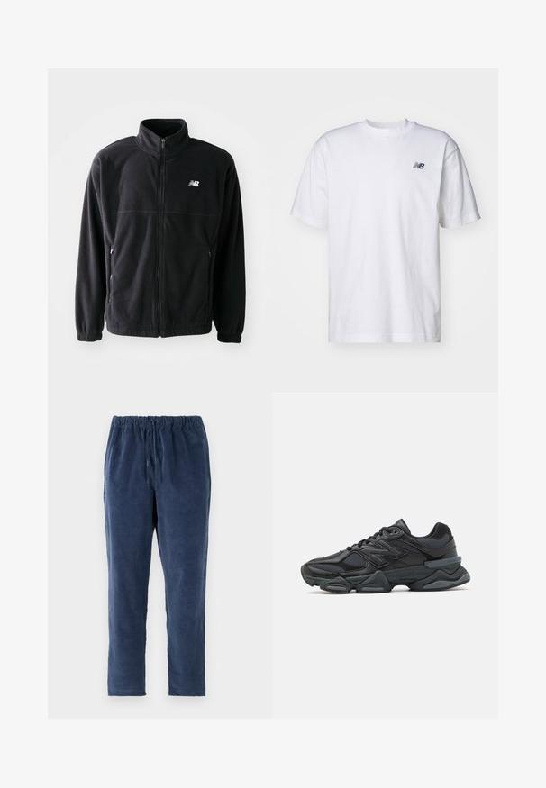 Svart fleecejacka med dragkedja fram, hög krage, två sidofickor och elastiska ärmslut. New Balance-logotyp i vitt på övre vänstra sidan.; Vit kortärmad T-shirt med rund halsringning och en liten svart New Balance-logotyp på vänster bröst, mot en enfärgad bakgrund.; Marinblå byxor med en mjuk textur, elastisk midja och rak benform. Inga fickor. Tyget verkar något borstat.; Svart löparsko med en kombination av mesh och syntetiska material, kraftig sula, rundad design och framträdande varumärkning på sidan.