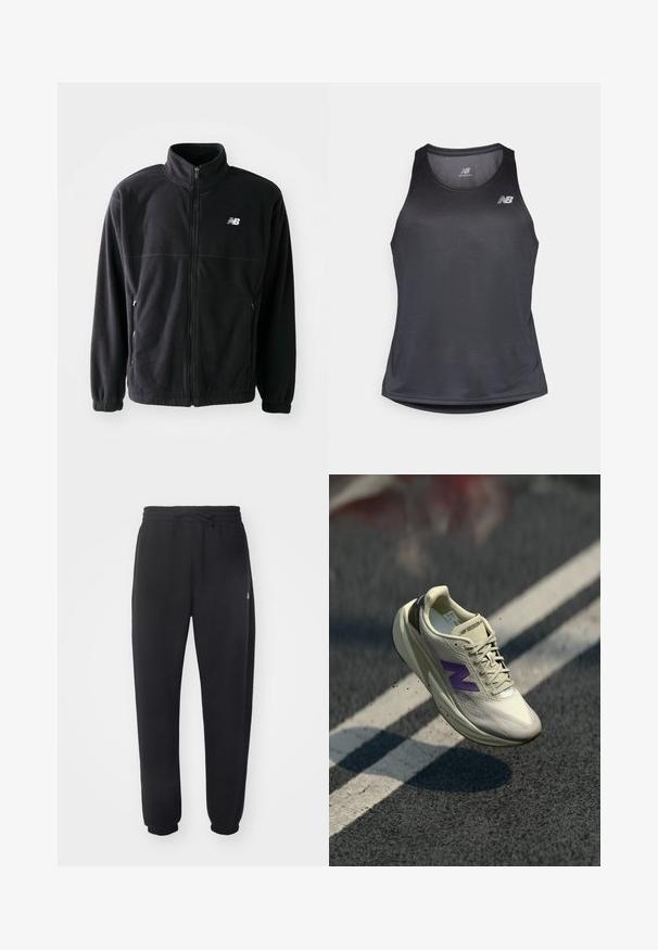 Crna flis jakna s patentnim zatvaračem sprijeda, visokim ovratnikom, dva bočna džepa i elastičnim manžetama. New Balance logo u bijeloj boji na gornjoj lijevoj strani.; Crna atletska majica bez rukava izrađena od tkanine koja upija vlagu, s okruglim izrezom i suptilnom rebrastom teksturom, te bijelim logotipom na prsima.; Crne sweatpants napravljene od mekog materijala s elastičnom trakom u struku, žicom za zatezanje i suženim manžetama, s blagim logotipom sa strane.; Svijetlosmeđi tenisice za trčanje s ljubičastim logotipom. Imaju teksturirani gornji dio, vezice i obuću s amortizacijom. Povišeni dizajn s izraženim petom.