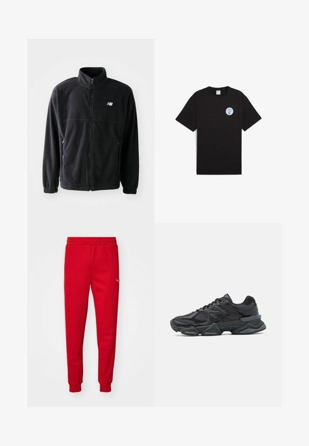Schwarze Fleecejacke mit Reißverschluss vorne, hohem Kragen, zwei seitlichen Taschen und elastischen Bündchen. New Balance-Logo in Weiß auf der oberen linken Seite.; Schwarzes Baumwoll-T-Shirt mit kurzen Ärmeln, Rundhalsausschnitt und einem runden blauen Logo auf der linken Brustseite. Glatte Textur und lässige Passform.; Rote Sweatpants aus weichem Material mit elastischem Bund, schmal zulaufenden Beinen und goldfarbenem Logo-Detail auf der linken Seite. Glatte Textur.; Schwarzer Laufschuh mit einer Mischung aus Mesh- und sinthetischen Materialien, dicke Sohle, geschwungenes Design und auffälliger Markenkennzeichnung an der Seite.