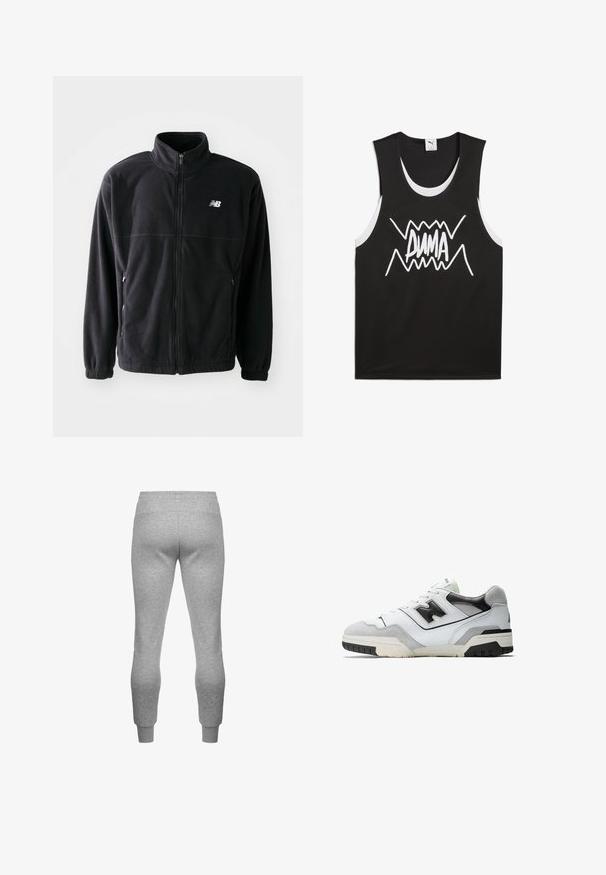 Schwarze Fleecejacke mit Reißverschluss vorne, hohem Kragen, zwei seitlichen Taschen und elastischen Bündchen. New Balance-Logo in Weiß auf der oberen linken Seite.; Schwarzes ärmelloses Tanktop mit weißen Akzenten, das ein auffälliges, stilisiertes "PUMA"-Logo in der Mitte zeigt. Hergestellt aus einem netzartigen Stoff.; Graue Sweatpants mit einem elastischen Bund und engen Bündchen, aus weichem Stoff gefertigt, mit einer glatten Textur und ohne sichtbare Muster.; Weißer Sneaker mit grauen Suede-Akzenten, schwarzen Details und Gummisohle. Verfügt über ein Low-Top-Design, Schnürung vorne und ein markantes Logo.