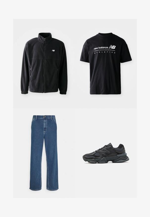Black fleece jacket with a zip front, high collar, two side pockets, and elastic cuffs. New Balance logo in white on the upper left side.; Black cotton t-shirt featuring a crew neck, short sleeves, and white "new balance" and "ATHLETICS" text graphics on the front.; Blue denim jeans with a straight cut, five-pocket design, metal button closure, and visible stitching along seams and hem.; Black running shoe featuring a mix of mesh and synthetic materials, chunky sole, curved design, and prominent branding on the side.