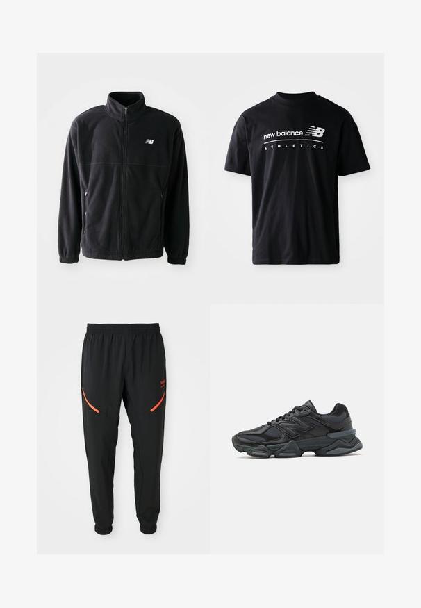 Jachetă din fleece neagră cu fermoar în față, guler înalt, două buzunare laterale și manșete elastice. Logo-ul New Balance în alb pe partea superioară stângă.; Tricou negru din bumbac, cu guler rotund, mâneci scurte și grafică albă cu textul "new balance" și "ATHLETICS" pe față.; Pantaloni sportivi negri cu talie elastică și mansete, prezentând buzunare cu fermoar roșu în unghi și text mic roșu al brandului pe partea dreaptă a coapsei.; Pantofari de alergare negri, cu un amestec de plasă și materiale sintetice, talpă masivă, design curbat și branding proeminent pe lateral.
