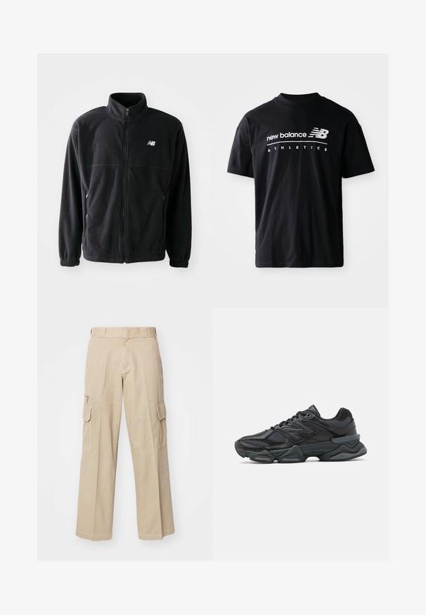 Crna flis jakna s patentnim zatvaračem sprijeda, visokim ovratnikom, dva bočna džepa i elastičnim manžetama. New Balance logo u bijeloj boji na gornjoj lijevoj strani.; Crna pamučna majica s kratkim rukavima i okruglim izrezom, na prednjoj strani s bijelim natpisima "new balance" i "ATHLETICS".; Beige cargo hlače širokog kroja s više džepova i kontrastnim šavovima. Izrađene od izdržljive pamučne tkanine, s petljom za pojas.; Crne trkačke tenisice izrađene od kombinacije mrežastih i sintetičkih materijala, s debelim potplatom, zakrivljenim dizajnom i istaknutim brendom sa strane.