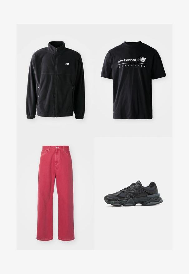 Čierna fleecová bunda so zipsom vpredu, vysokým golierom, s dvoma bočnými vreckami a elastickými rukávmi. Logo New Balance v bielej farbe na hornej ľavej strane.; Čierne bavlnené tričko s okrúhlym výstrihom, krátkymi rukávmi a bielymi nápismi "new balance" a "ATHLETICS" na prednej strane.; Carhartt WIP LANDON PANT - Džínsy baggy - tuscany; Čierna bežecká obuv so zmesou sieťoviny a syntetických materiálov, robustnou podrážkou, zakriveným dizajnom a výrazným logom na boku.