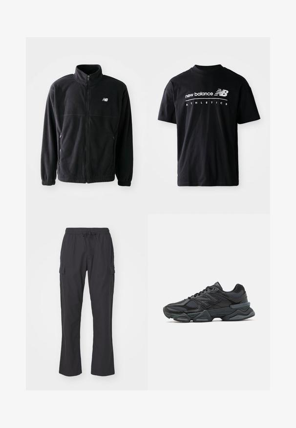 Zwarte fleecejack met een ritssluiting aan de voorkant, hoge kraag, twee zijzakken en elastische manchetten. New Balance-logo in het wit op de bovenste linkerzijde.; Zwarte katoen t-shirt met een ronde hals, korte mouwen en witte tekstgraphics van "new balance" en "ATHLETICS" op de voorkant.; Zwarte cargobroek met een elastische tailleband en trekkoord, voorzien van zijzakken en een relaxte pasvorm. Gemaakt van lichtgewicht stof.; Zwarte hardloopschoen met een mix van mesh en synthetische materialen, een stevige zool, gebogen ontwerp en prominente branding op de zijkant.