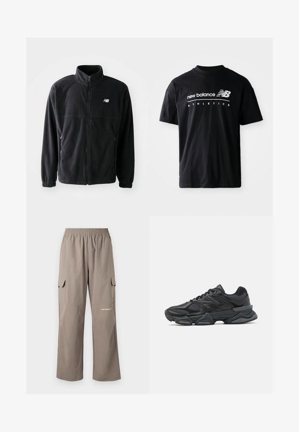 Fekete bolyhos dzseki cipzárral elöl, magas gallérral, két oldalsó zsebbel és rugalmas mandzsettákkal. A New Balance logó fehér színben az alsó bal oldalon.; Fekete pamut póló, kerek nyakkal, rövid ujjakkal, fehér "new balance" és "ATHLETICS" felirattal az elején.; Könnyű anyagból készült, taupe színű cargo nadrág, rugalmas derékkal, oldalsó zsebekkel és diszkrét márkalogóval.; Fekete futócipő, mely háló és szintetikus anyagok keverékéből készült, vastag talppal, ívelt kialakítással és hangsúlyos logóval az oldalon.