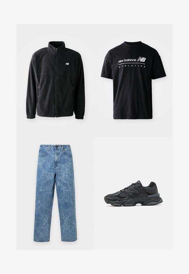 Mustmust jakk, millel on lukuga esiosa, kõrge kaelus, kaks küljetaskut ja elastsed mansetid. Uus Balance logo valgena vasakul ülanurgas.; Mustalane T-särk, millel on ringkaelus, lühikesed varrukad ja valged tekstigraafika "new balance" ning "ATHLETICS" ees.; Sinine happepesu denimist valmistatud sirge lõikega teksad, ees nööp, vöökohal silmused ja viie tasku stiil.; Mustad mustus jooksukeng, mis sisaldab segu võrgust ja sünteetilisest materjalist, jäme talla, kaarduv disain ja silmapaistev bränding külgedel.