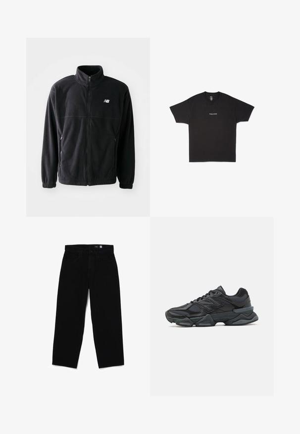 Mustat fleece-takit, jossa on vetoketjuedessä, korkea kaulus, kaksi sivutaskua ja joustavat hihansuut. Uuden Balance -logo valkoisena vasemmalla ylhäällä.; Mustat puuvillapaita, jossa on pyöreä kaula-aukko ja lyhyet hihat, etuosassa pieni valkoinen "VOLCOM" logo.; Musta denimi suora lahje farkut napin sulkijalla, viisi taskua ja sileä pinta. Vyötärönauhan sisällä näkyvä etiketti, jossa on koko 32.; Musta juoksukenkä, jossa on yhdistelmä verkko- ja synteettisiä materiaaleja, paksu pohja, kaareva muotoilu ja näkyvä brändäys sivussa.