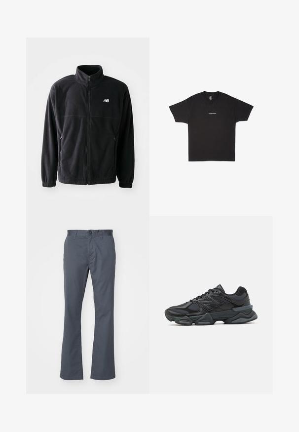 Veste en polaire noire avec fermeture éclair à l'avant, col haut, deux poches latérales et poignets élastiques. Logo New Balance en blanc sur le côté supérieur gauche.; T-shirt en coton noir avec un col rond et des manches courtes, arborant un petit logo "VOLCOM" blanc imprimé au centre devant.; Pantalons droits gris foncé en mélange de coton, dotés d'une fermeture à bouton à l'avant, de passants de ceinture et de poches standard. Texture lisse.; Chaussure de course noire mettant en avant un mélange de mesh et de matériaux synthétiques, avec une semelle épaisse, un design arrondi et un logo bien visible sur le côté.