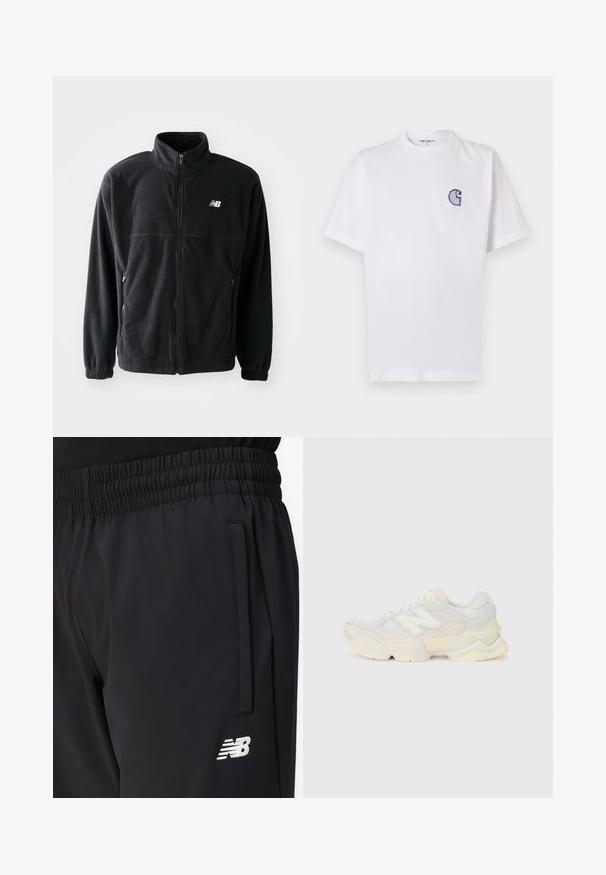 Fekete bolyhos dzseki cipzárral elöl, magas gallérral, két oldalsó zsebbel és rugalmas mandzsettákkal. A New Balance logó fehér színben az alsó bal oldalon.; Fehér pamut póló rövid ujjakkal, kerek nyakkivágással és egy kis, hímzett kék "C" logóval a bal mellrészen.; Fekete sportnadrág, elasztikus derékkal, oldalsó zsebbel és fehér New Balance logóval a combon.; Könnyű sportcipő, amely hálós és velúr felsőrésszel rendelkezik, lágy krémszínű árnyalatokban, vastag talppal és háromdimenziós díszítésekkel.