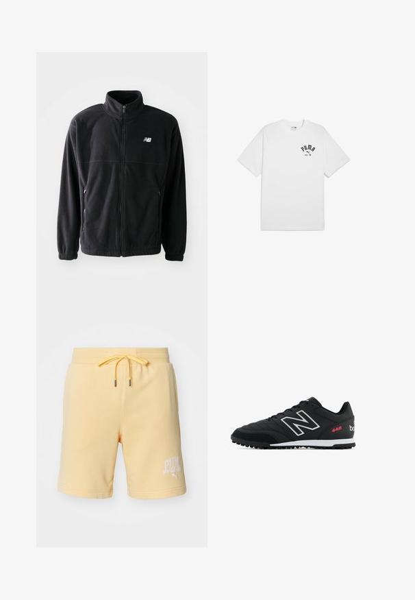 Melnās vilnas jakas ar rāvējslēdzēju priekšpusē, augstu apkakli, divām sānu kabatām un elastīgām piedurknēm. Jaunā Balansa logs baltā krāsā augšējā kreisajā pusē.; Balta kokvilnas T-krekls ar īsām piedurknēm un apaļu kakla izgriezumu, ar melnu drukātu logo uz krūšu daļas. Vienkāršs, klasiskā dizaina krekls.; Dzelteni kokvilnas šorti ar elastīgu jostu un auklu. Zema kreisajā pusē atrodas balts „PUMA sporta kluba” logos. Mīksta tekstūra.; Melnas sporta kurpes ar strukturētu ādas augšdaļu, sudraba logo, baltu vidējo zolīti un melniem gumijas protektoriem. Iezīmē rozā akcenti un auklas.