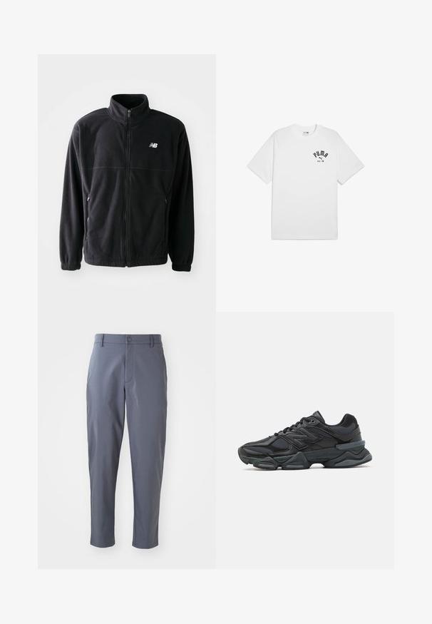 Melnās vilnas jakas ar rāvējslēdzēju priekšpusē, augstu apkakli, divām sānu kabatām un elastīgām piedurknēm. Jaunā Balansa logs baltā krāsā augšējā kreisajā pusē.; Balta kokvilnas T-krekls ar īsām piedurknēm un apaļu kakla izgriezumu, ar melnu drukātu logo uz krūšu daļas. Vienkāršs, klasiskā dizaina krekls.; Pelēki bikses ar gludu tekstūru, piegriezuma slim, taisnām kājām, priekšējām kabatām un pogas aizdari jostasvietā.; Melna skriešanas apavi ar jauktu acu audumu un sintētiskiem materiāliem, masīvu zoli, izliekta dizaina elementiem un izteiktu zīmola logotipu uz sāniem.