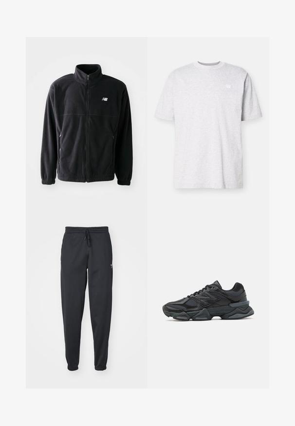 Juodas vilnonis džemperis su užtrauktuku priekyje, aukštu apykakle, dviem šoninėmis kišenėmis ir elastinėmis rankovėmis. Naujojo Balanso logotipas baltos spalvos viršutiniame kairiajame kampe.; Šviesiai pilka medvilninė marškinėliai su trumpomis rankovėmis, apvaliu iškirpimu ir mažu baltu logotipu kairėje krūtinės pusėje. Minkšta tekstūra, laisva pritaikymo forma.; Juodos sportinės kelnės su elastingu juosmeniu ir reguliuojama raišteliu. Turi elastingus užtrauktukus ir mažą logotipą arti juosmens.; Juodas bėgimo batelis, pagamintas iš tinklinės ir sintetinės medžiagos, turintis stambų pado dizainą, kreivą formą ir ryškią prekės ženklą šone.
