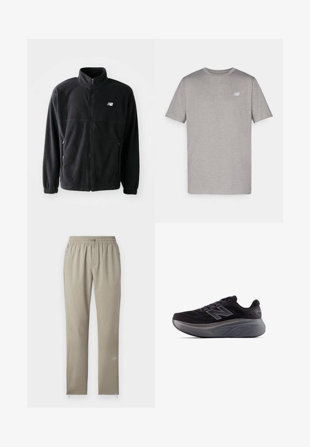 Mustat fleece-takit, jossa on vetoketjuedessä, korkea kaulus, kaksi sivutaskua ja joustavat hihansuut. Uuden Balance -logo valkoisena vasemmalla ylhäällä.; Harmaa lyhythihainen t-paita, joka on valmistettu pehmeästä kankaasta. T-paidassa on hienovarainen vaaleansinisellä värillä varustettu logo vasemmassa rinnassa. Pyöreä pääntie, normaali istuvuus.; Vaatteet beige värvi spordipüksid elastse vöökohtiga, tõmblukuga taskud ja kitsenev jala disain. Saadaval on diskreetne logo sääre alumisel osal.; Mustat urheilukengät, joissa on teksturoitu pinta, vahvistettu kanta ja paksu harmaa pohja. Ominaisuutena hyvin näkyvä "N"-logo.