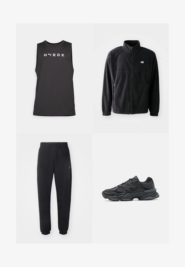 Black fleece jacket with a zip front, high collar, two side pockets, and elastic cuffs. New Balance logo in white on the upper left side.; Black sleeveless athletic top with "HYROX" in white lettering across the chest. Smooth fabric, crew neckline, and regular fit.; Black sweatpants made of soft material with an elastic waistband, drawstring, and tapered cuffs, featuring a subtle logo on the side.; Black running shoe featuring a mix of mesh and synthetic materials, chunky sole, curved design, and prominent branding on the side.
