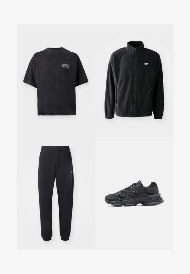 Juodas vilnonis džemperis su užtrauktuku priekyje, aukštu apykakle, dviem šoninėmis kišenėmis ir elastinėmis rankovėmis. Naujojo Balanso logotipas baltos spalvos viršutiniame kairiajame kampe.; Juoda per didelė medvilninė marškinėlių su apvalia iškirpte. Kairiajame krūtinės šone yra balta siuvinėjimo detalė. Trumpi rankovės.; Juodi sportiniai kelniai, pagaminti iš minkštos medžiagos, su elastinga juosmena, raišteliu ir siaurėjantys ties apačia, su subtiliu logotipu šone.; Juodas bėgimo batelis, pagamintas iš tinklinės ir sintetinės medžiagos, turintis stambų pado dizainą, kreivą formą ir ryškią prekės ženklą šone.