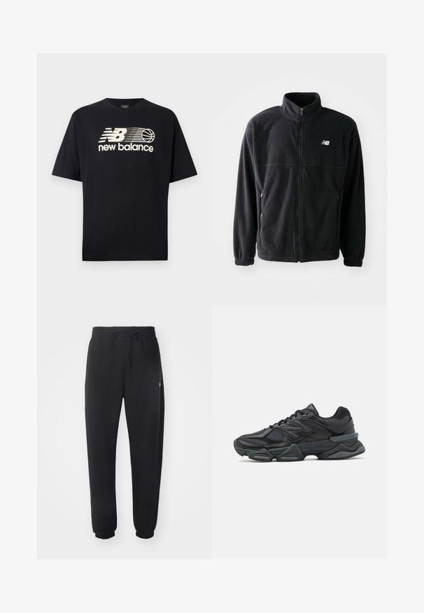 Fekete bolyhos dzseki cipzárral elöl, magas gallérral, két oldalsó zsebbel és rugalmas mandzsettákkal. A New Balance logó fehér színben az alsó bal oldalon.; Fekete pamut póló rövid ujjakkal, krémszínű "New Balance" logóval és kosárlabda grafikával a mellkason.; Fekete melegítő nadrág puha anyagból, rugalmas derékrésszel, zsinórral és szűkítő mandzsettákkal, oldalon diszkrét logóval.; Fekete futócipő, mely háló és szintetikus anyagok keverékéből készült, vastag talppal, ívelt kialakítással és hangsúlyos logóval az oldalon.