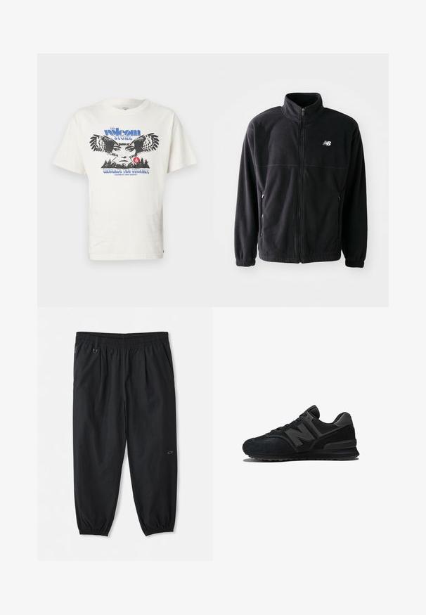 Schwarze Fleecejacke mit Reißverschluss vorne, hohem Kragen, zwei seitlichen Taschen und elastischen Bündchen. New Balance-Logo in Weiß auf der oberen linken Seite.; Weißes Baumwoll-T-Shirt mit einem Frontgraphic eines Uhus, dem Text "The Volcom Stone" in Blau und "Embrace the Strange" ebenfalls in Blau darunter.; Schwarze, lässige Hose mit elastischem Bund, seitlichen Taschen, elastischen Bündchen an den Knöcheln und einem kleinen Logo am rechten Oberschenkel.; Schwarzer Sneaker mit einem Obermaterial aus Wildleder und Mesh, dicker Sohle und auffälligem 'N'-Logo an der Seite. Strukturiertes Design mit Schnürverschluss.