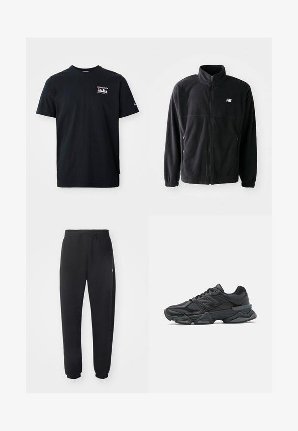 Melnās vilnas jakas ar rāvējslēdzēju priekšpusē, augstu apkakli, divām sānu kabatām un elastīgām piedurknēm. Jaunā Balansa logs baltā krāsā augšējā kreisajā pusē.; Melna kokvilnas T-krekls ar īsām piedurknēm. Ar grafisku logo sarkanu, baltu un zilu krāsā augšējā kreisajā krūtī. Gluda tekstūra, ar apaļu kakla izgriezumu.; Melni sporta bikses no mīksta materiāla ar elastīgu jostu, aukliņu un sašaurinātiem piedurknēm, ar smalku logo sānos.; Melna skriešanas apavi ar jauktu acu audumu un sintētiskiem materiāliem, masīvu zoli, izliekta dizaina elementiem un izteiktu zīmola logotipu uz sāniem.