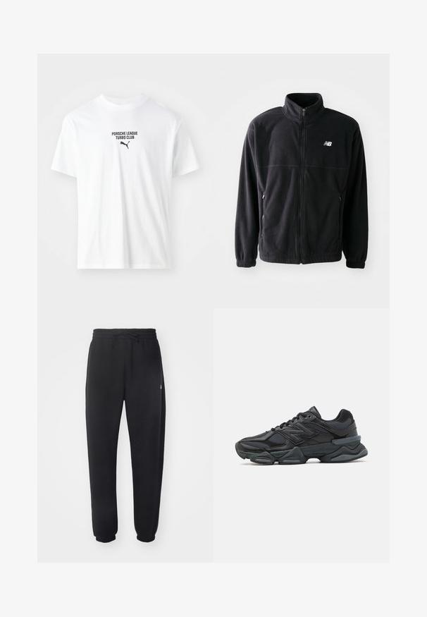 Černá fleecová bunda se zipem vpředu, vysokým límcem, dvěma bočními kapsami a elastickými manžetami. Logo New Balance v bílé barvě na horní levé straně.; Bílá bavlněná tričko s textem "PORSCHE LEAGUE TURBO CLUB" a černým logem Puma. Kulatý výstřih a krátké rukávy.; Černé tepláky z měkkého materiálu s elastickým pasem, šňůrkou na stažení a zužujícími se manžetami, s jemným logem na boku.; Černá běžecká bota s kombinací síťoviny a syntetických materiálů, masivní podešev, zakřivený design a výrazné logo na boku.