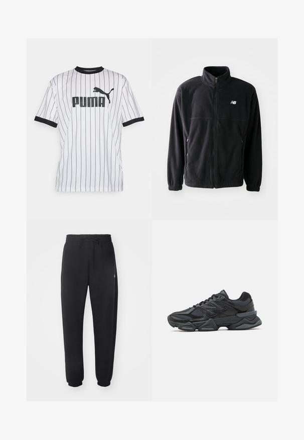 Fekete bolyhos dzseki cipzárral elöl, magas gallérral, két oldalsó zsebbel és rugalmas mandzsettákkal. A New Balance logó fehér színben az alsó bal oldalon.; Fehér mez fekete függőleges csíkokkal, fekete gallérral és ujjakkal. Elöl egy nagy fekete "PUMA" logó található puma sziluettel.; Fekete melegítő nadrág puha anyagból, rugalmas derékrésszel, zsinórral és szűkítő mandzsettákkal, oldalon diszkrét logóval.; Fekete futócipő, mely háló és szintetikus anyagok keverékéből készült, vastag talppal, ívelt kialakítással és hangsúlyos logóval az oldalon.