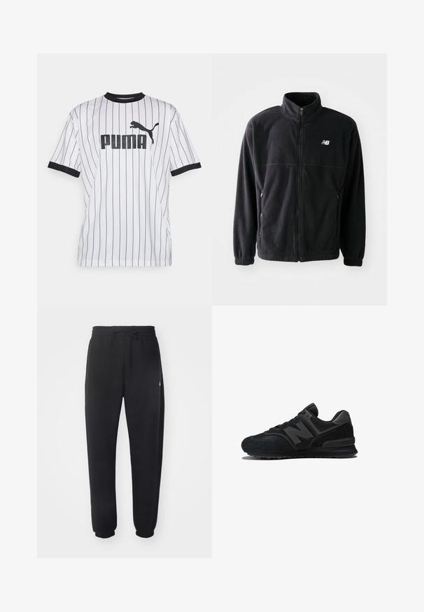 Schwarze Fleecejacke mit Reißverschluss vorne, hohem Kragen, zwei seitlichen Taschen und elastischen Bündchen. New Balance-Logo in Weiß auf der oberen linken Seite.; Weißes Trikot mit schwarzen vertikalen Streifen, schwarzem Kragen und Ärmeln. Auf der Vorderseite befindet sich ein großes schwarzes "PUMA"-Logo mit einer Puma-Silhouette.; Schwarze Sweatpants aus weichem Material mit elastischem Bund, Kordelzug und schmal zulaufenden Bündchen, die auf der Seite ein dezentes Logo zeigen.; Schwarzer Sneaker mit einem Obermaterial aus Wildleder und Mesh, dicker Sohle und auffälligem 'N'-Logo an der Seite. Strukturiertes Design mit Schnürverschluss.