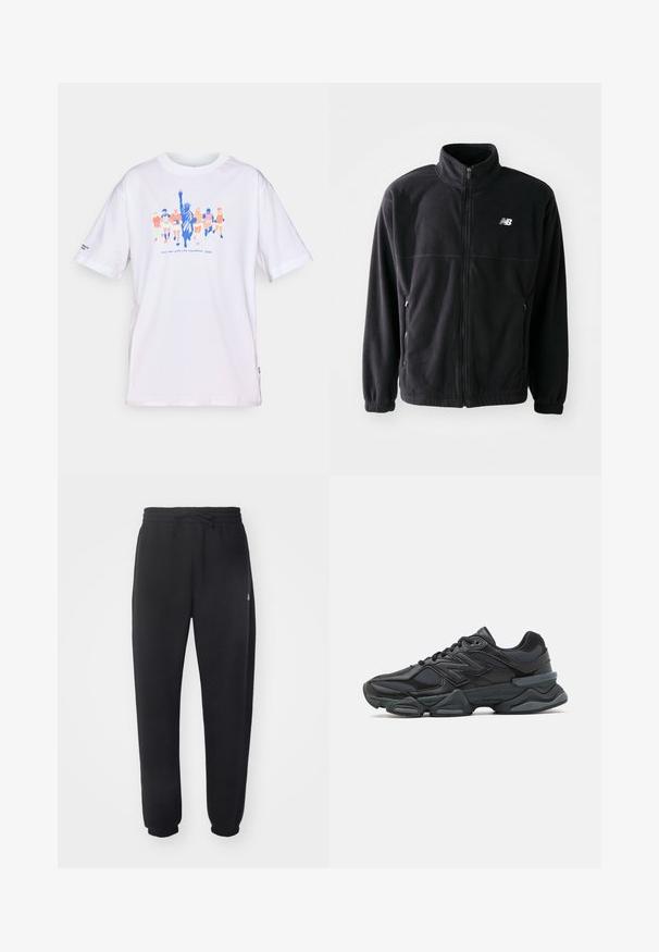 Svart fleece-jakke med glidelås foran, høy krage, to sidelommer og elastiske mansjetter. New Balance-logo i hvitt på øvre venstre side.; Hvit T-skjorte med fargerike løpere og grafikk av Frihetsgudinnen samt teksten "tcs New York City Marathon 2025" på forsiden.; Sorte joggebukser laget av mykt materiale med elastisk midje, snor og smale mansjetter, med en diskret logo på siden.; Svart løpesko med en blanding av mesh og syntetiske materialer, chunky såle, buet design og fremtredende merkevare på siden.