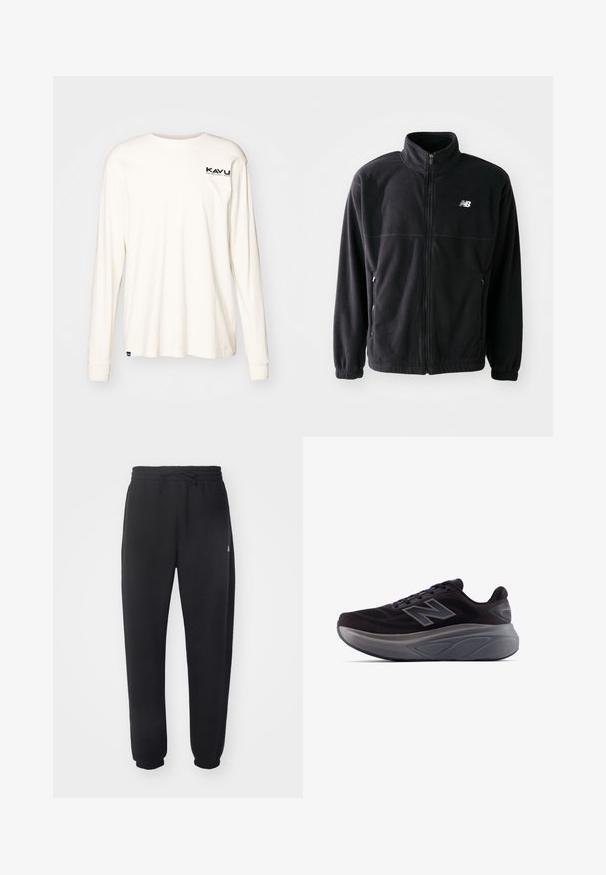 Fekete bolyhos dzseki cipzárral elöl, magas gallérral, két oldalsó zsebbel és rugalmas mandzsettákkal. A New Balance logó fehér színben az alsó bal oldalon.; Hosszú ujjú, törtfehér pamut póló kerek nyakkal. Kicsi fekete logó található a bal mellen. Puha tapintású, laza szabású.; Fekete melegítő nadrág puha anyagból, rugalmas derékrésszel, zsinórral és szűkítő mandzsettákkal, oldalon diszkrét logóval.; Fekete sportcipő texturált felsőrésszel, megerősített sarkal és vastag szürke talppal. Kiemelkedő "N" logóval rendelkezik.