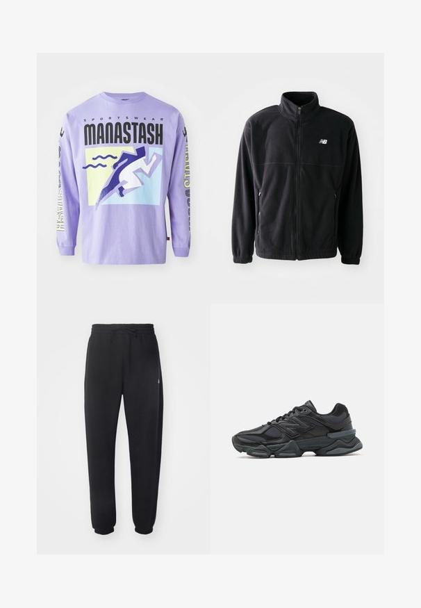 Black fleece jacket with a zip front, high collar, two side pockets, and elastic cuffs. New Balance logo in white on the upper left side.; Purple long-sleeve t-shirt featuring a graphic design with stylized runner and wave motifs. Material: cotton. Text includes "SPORTSWEAR MANASTASH."; Black sweatpants made of soft material with an elastic waistband, drawstring, and tapered cuffs, featuring a subtle logo on the side.; Black running shoe featuring a mix of mesh and synthetic materials, chunky sole, curved design, and prominent branding on the side.