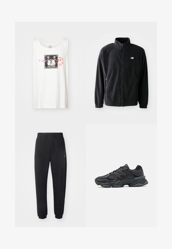 Crna flis jakna s patentnim zatvaračem sprijeda, visokim ovratnikom, dva bočna džepa i elastičnim manžetama. New Balance logo u bijeloj boji na gornjoj lijevoj strani.; Bijela pamučna majica bez rukava s crnim grafičkim otiskom i dekorativnim elementima u ružičastoj i narančastoj boji. Okrugli izrez, dizajn bez rukava.; Crne sweatpants napravljene od mekog materijala s elastičnom trakom u struku, žicom za zatezanje i suženim manžetama, s blagim logotipom sa strane.; Crne trkačke tenisice izrađene od kombinacije mrežastih i sintetičkih materijala, s debelim potplatom, zakrivljenim dizajnom i istaknutim brendom sa strane.