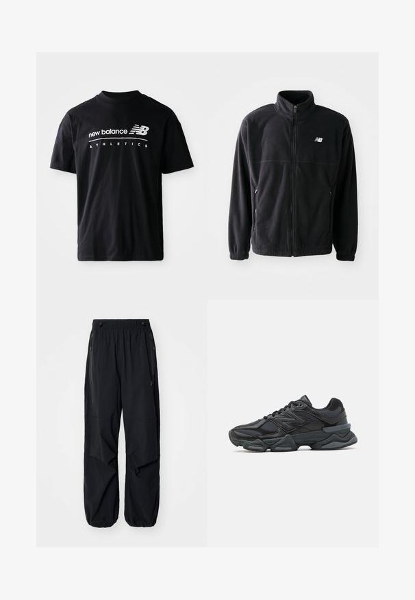Zwarte fleecejack met een ritssluiting aan de voorkant, hoge kraag, twee zijzakken en elastische manchetten. New Balance-logo in het wit op de bovenste linkerzijde.; Zwarte katoen t-shirt met een ronde hals, korte mouwen en witte tekstgraphics van "new balance" en "ATHLETICS" op de voorkant.; Zwarte lichtgewicht cargobroek met een elastische tailleband, zijritsen en ruime zakken. Heeft een losse pasvorm en taps toelopende boorden.; Zwarte hardloopschoen met een mix van mesh en synthetische materialen, een stevige zool, gebogen ontwerp en prominente branding op de zijkant.