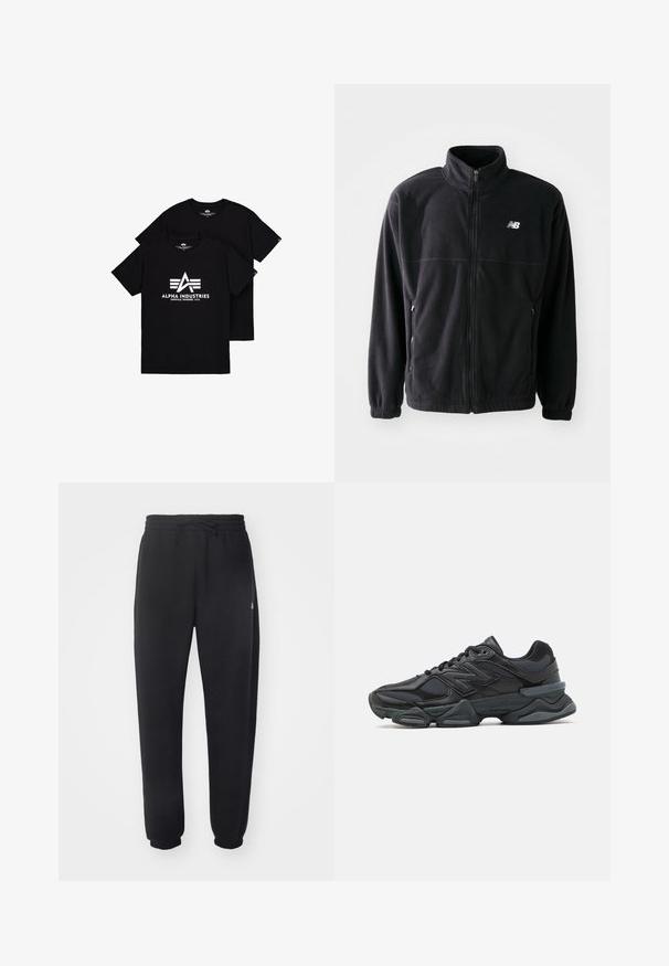Black fleece jacket with a zip front, high collar, two side pockets, and elastic cuffs. New Balance logo in white on the upper left side.; Black cotton t-shirts featuring a white logo with an "A" and three stripes beneath. Crew neck and short sleeves, displayed in a stacked position.; Black sweatpants made of soft material with an elastic waistband, drawstring, and tapered cuffs, featuring a subtle logo on the side.; Black running shoe featuring a mix of mesh and synthetic materials, chunky sole, curved design, and prominent branding on the side.
