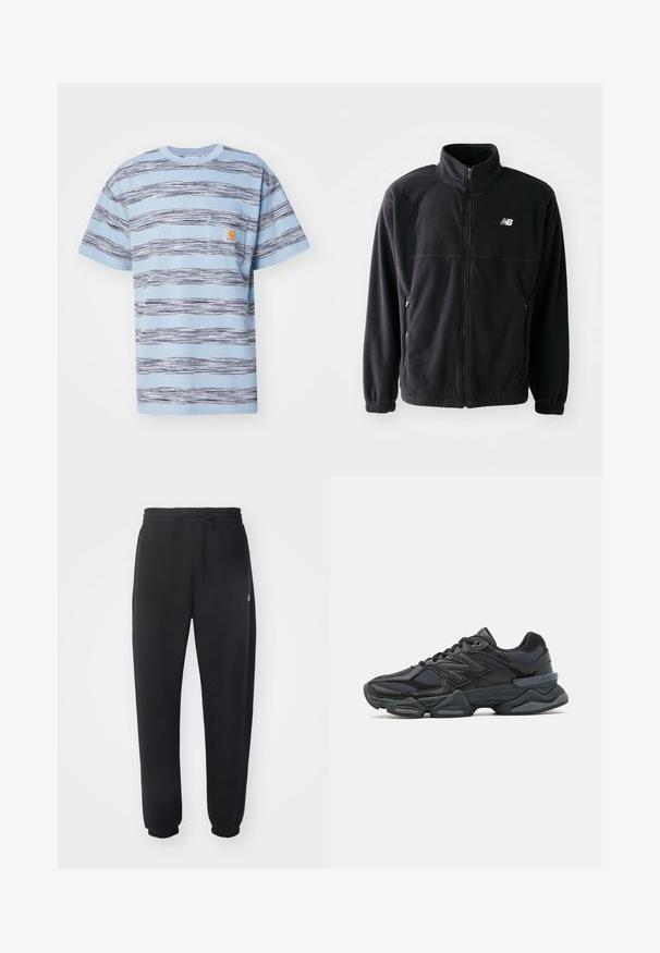 Mustmust jakk, millel on lukuga esiosa, kõrge kaelus, kaks küljetaskut ja elastsed mansetid. Uus Balance logo valgena vasakul ülanurgas.; Ribitud helesinine t-särk, millel on horisontaalne tume sinine ja valge triibustus, ümmargune kaelus, lühikesed varrukad ja rindkere peal väike oranž logopatch.; Mugavad mustad spordipüksid pehmest materjalist, elastse vöökoha, nööridega ja kitsenevate varrukatega, külgedel on diskreetne logo.; Mustad mustus jooksukeng, mis sisaldab segu võrgust ja sünteetilisest materjalist, jäme talla, kaarduv disain ja silmapaistev bränding külgedel.