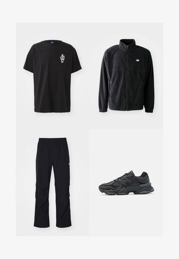 Chaqueta de forro polar negra con cremallera frontal, cuello alto, dos bolsillos laterales y puños elásticos. Logo de New Balance en blanco en la parte superior izquierda.; Camiseta de algodón negra con cuello redondo, mangas cortas y un gráfico de una mano blanca en la zona izquierda del pecho. Ajuste relajado, color sólido.; Pantalones cargo negros de material ligero, con cintura elástica, bolsillos laterales y diseño de pierna recta.; Zapatilla de running negra que presenta una combinación de malla y materiales sintéticos, suela gruesa, diseño curvado y una marca prominente en el costado.