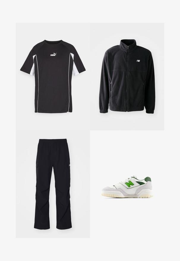 Sort fleecejakke med lynlås foran, høj krave, to sidelommer og elastiske manchetter. New Balance-logo i hvidt på den øverste venstre side.; Sort athletic t-shirt med korte ærmer, der har hvide accenter og et logo. Lavet af letvægts, åndbart stof.; Sorte cargo bukser lavet af let materiale, med elastisk talje, sidelommer og lige ben design.; Hvide sneakers med grønne accenter, lavet af læder og ruskind. Har en tekstureret overdel, polstret krave og en gummisål med synlige mønstre.
