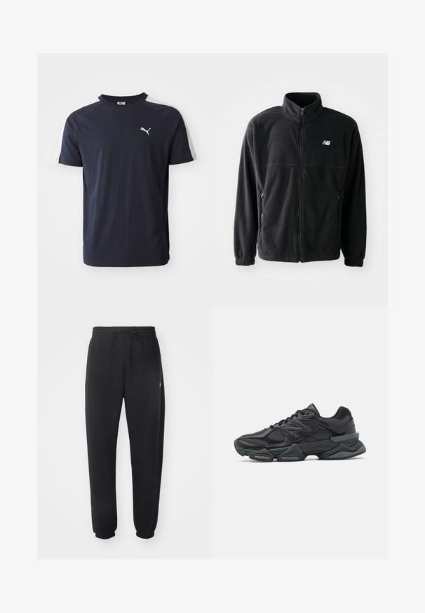 Black fleece jacket with a zip front, high collar, two side pockets, and elastic cuffs. New Balance logo in white on the upper left side.; Dark navy short-sleeve t-shirt in lightweight cotton, featuring white raglan sleeves and a small white Puma logo on the chest.; Black sweatpants made of soft material with an elastic waistband, drawstring, and tapered cuffs, featuring a subtle logo on the side.; Black running shoe featuring a mix of mesh and synthetic materials, chunky sole, curved design, and prominent branding on the side.