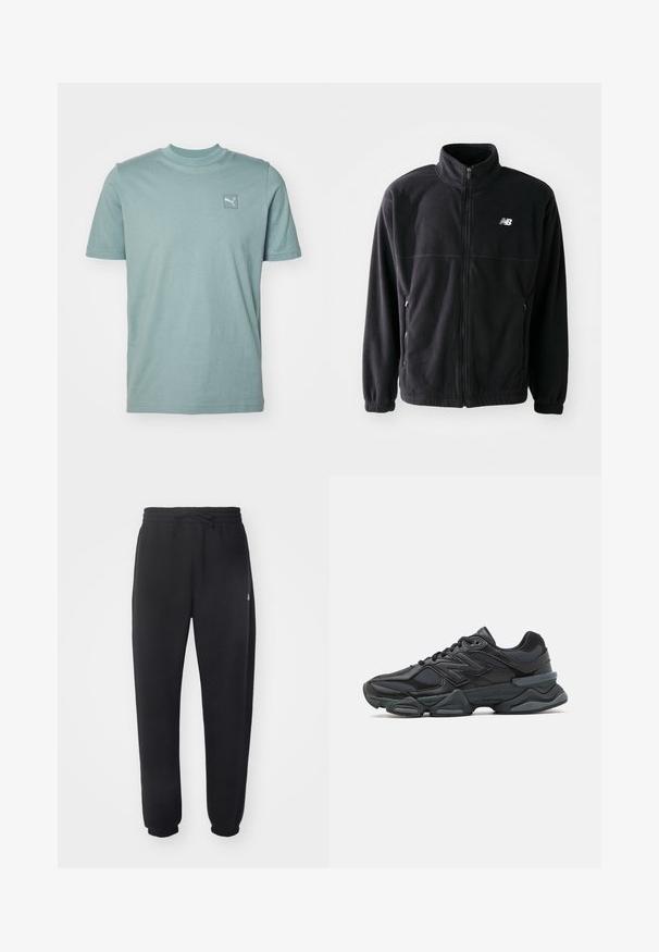 Černá fleecová bunda se zipem vpředu, vysokým límcem, dvěma bočními kapsami a elastickými manžetami. Logo New Balance v bílé barvě na horní levé straně.; Světle modré, bavlněné tričko s kulatým výstřihem a krátkými rukávy; má malé výšivkové logo na levé straně hrudi.; Černé tepláky z měkkého materiálu s elastickým pasem, šňůrkou na stažení a zužujícími se manžetami, s jemným logem na boku.; Černá běžecká bota s kombinací síťoviny a syntetických materiálů, masivní podešev, zakřivený design a výrazné logo na boku.