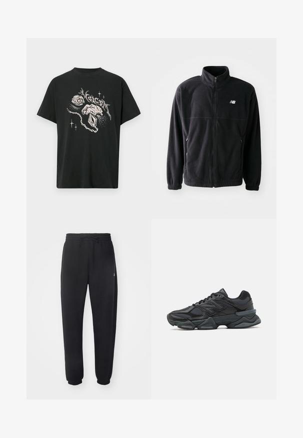 Black fleece jacket with a zip front, high collar, two side pockets, and elastic cuffs. New Balance logo in white on the upper left side.; Black t-shirt with white graphic of an eye, a hand holding a pendant, abstract shapes, and stylized text above.; Black sweatpants made of soft material with an elastic waistband, drawstring, and tapered cuffs, featuring a subtle logo on the side.; Black running shoe featuring a mix of mesh and synthetic materials, chunky sole, curved design, and prominent branding on the side.